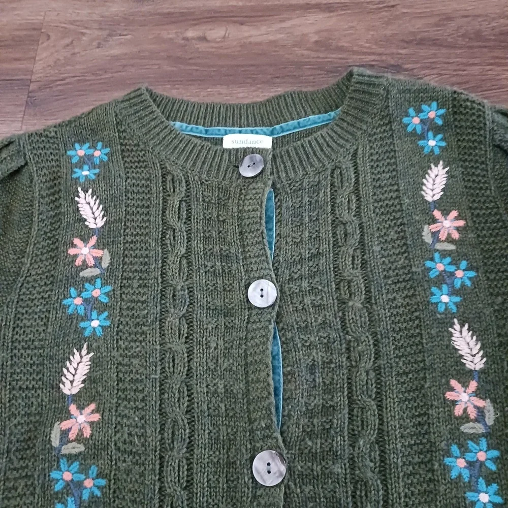 SUNDANCE CATALOG Cardigan Army Green Floral Embroidered Sweater XL - Picture 2 of 6